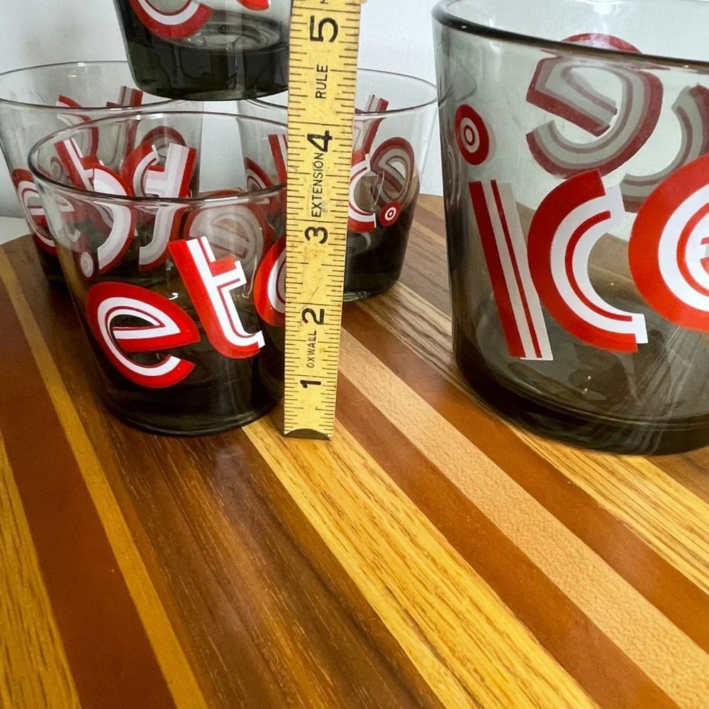 Vintage Federal Glass 5 Piece Pop Art Bar Set Smokey Ice Etc Red MCM midcentury